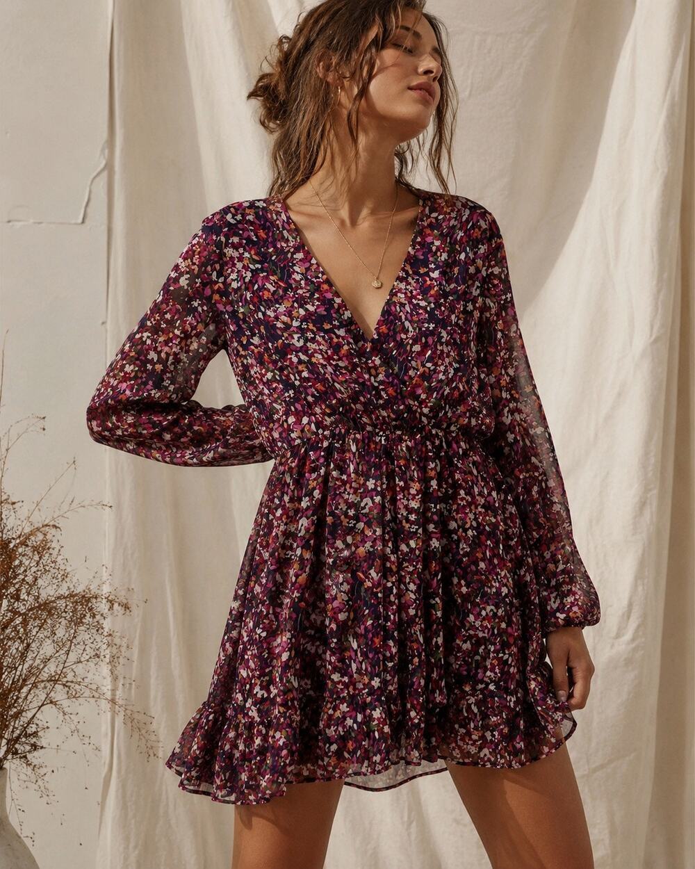 Aqua | NEW Maximalist Floral Preppy Chiffon Ruffle Long Sleeve Mini Dress Sz S